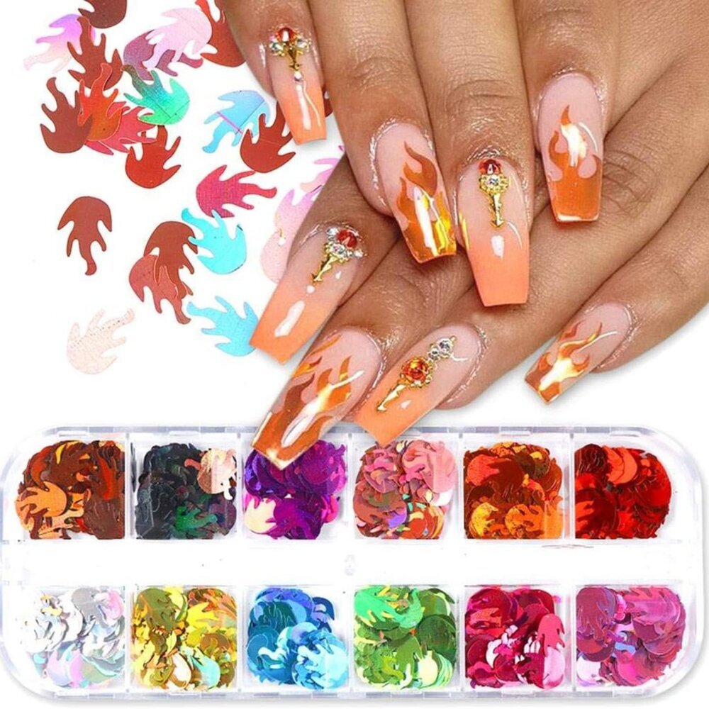 Flame Glitter Nail Art Sequins, 3D Sparkly Fire Flame Shape Nail Flakes Designs,